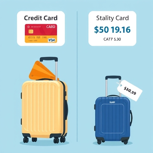 信用卡方案比較圖，一邊是大行李箱，另一邊是小型登機箱，附價值計算標籤