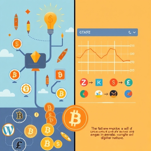 A split scene showing one side with a digital wallet icons and blockchain networks the other side displaying a centralized exchange interface with diverse currency symbols and a secure transaction flow painted in a modern illustrative style