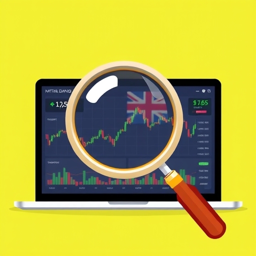 A stylized illustration of a magnifying glass hovering over a digital trading platform interface showing financial charts and data suggesting an investigation into Mitrade's legal standing