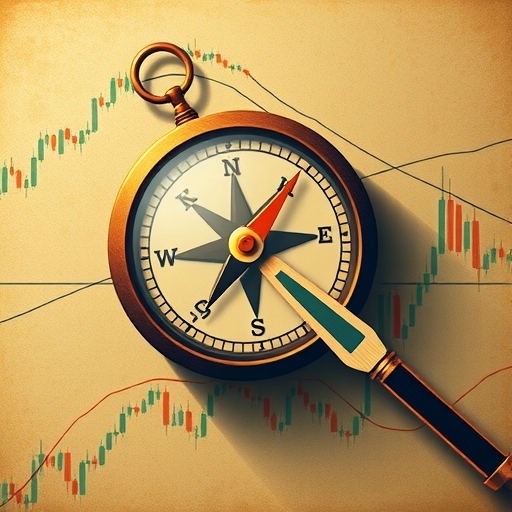 A symbolic illustration of a compass and a magnifying glass hovering over a stock chart highlighting the KD indicator as a tool for navigating market trends and identifying buy sell signals in a warm earthy tone