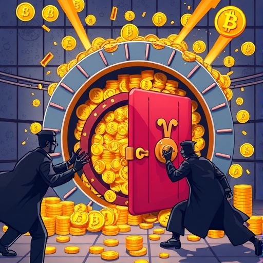 A vibrant illustration showing a secure vault overflowing with golden coins and digital currency symbols representing the promise of safe investments contrasted with shadowy figures attempting to snatch them away highlighting the importance of due diligence when choosing an online broker