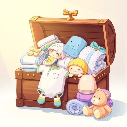 寶寶用品寶箱溢出尿布衣物與毛絨玩具，溫暖光芒照耀實用禮物