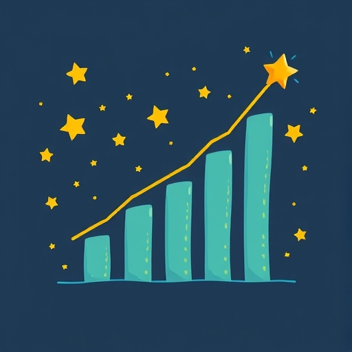 A whimsical illustration of a financial report showing upward trending progress bars surrounded by small encouraging stars and subtle glowing effects