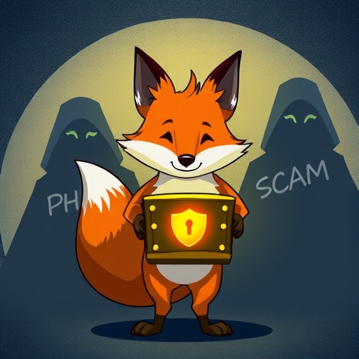 A whimsical illustration of a fox character guarding a glowing digital treasure chest against shadowy figures representing phishing attempts and scams emphasizing safety and protection with playful yet clear imagery