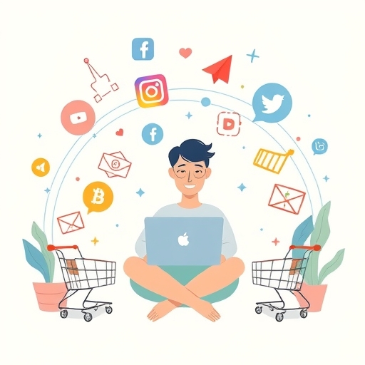A whimsical illustration of a person working remotely on a laptop surrounded by digital elements like social media icons and shopping carts representing online business opportunities soft pastel colors