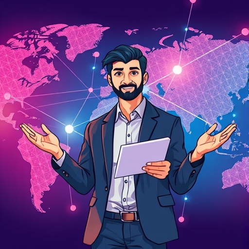 An artistic illustration of a skilled individual demonstrating a professional service like graphic design or consulting to a global audience via interconnected lines global map background vibrant energetic hues