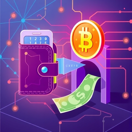 An illustration depicting a digital wallet seamlessly connecting to a gateway for transferring cryptocurrency into tangible cash symbolizing security and accessibility vibrant colors and clear visual cues enhance the feeling of trust and ease
