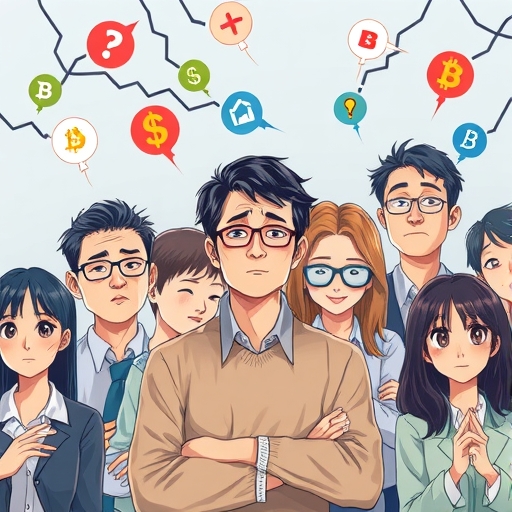 An illustration depicting a diverse group of Taiwanese investors looking confused and concerned as they navigate a complex web of international financial regulations and legal grey areas surrounding online trading platforms