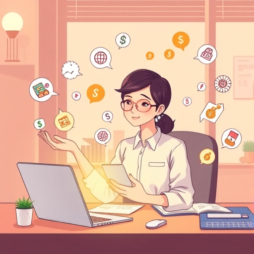 An illustration of a busy Taiwanese office worker juggling multiple tasks laptop glowing with diverse income streams depicted as floating icons peaceful atmosphere warm color palette