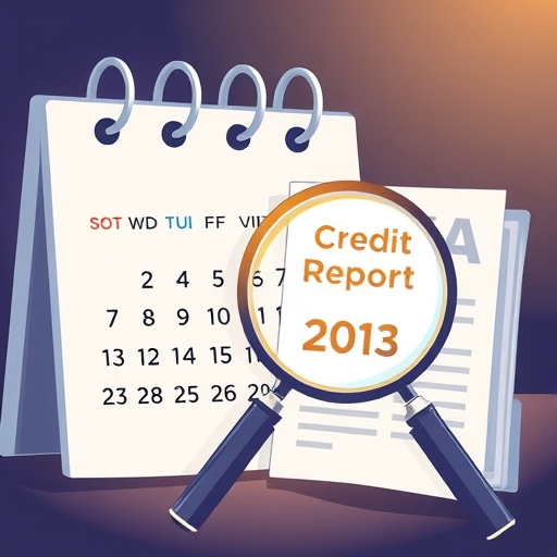 An illustration of a calendar with a magnifying glass highlighting the date beside a credit report file glowing softly with a warm light
