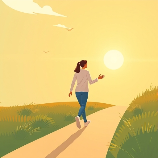 自信走向未來信用評分上升的插圖，象徵信用小白進步的陽光路徑