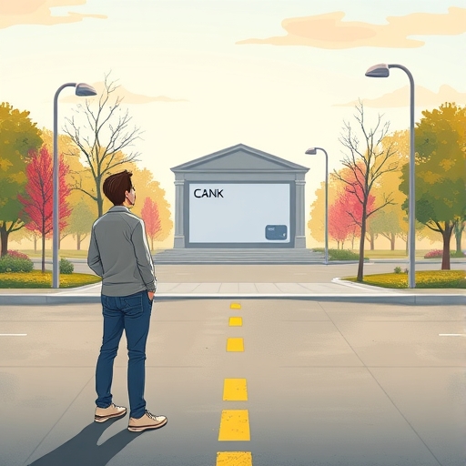 信用小白站在十字路口困惑望向銀行大樓的插圖，象徵信用評分空白的迷茫