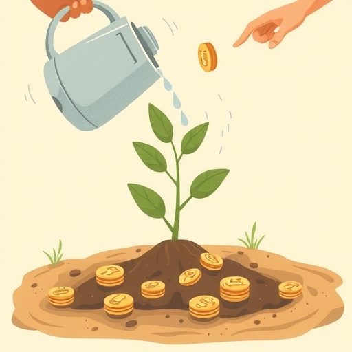 幼苗澆灌金幣土壤成長插圖，象徵信用小白養成信用的耐心照料
