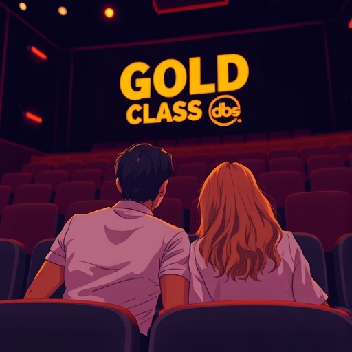 An illustrative scene depicting a couple enjoying a premium movie theater experience like gold class with glowing ambient lighting and subtle dbs branding elements highlighting a luxurious cinematic adventure