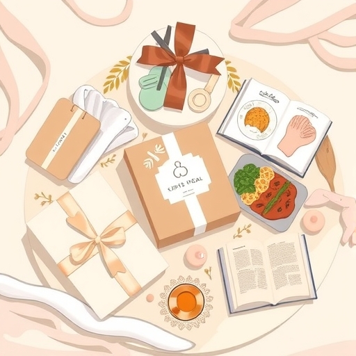 新手媽媽禮物攤開，包含SPA套裝餐盒與書籍，柔和色調傳達關懷與放鬆