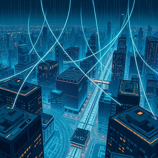 城市景觀中光纖與同軸電纜交織升級的插圖，象徵中嘉寬頻網路技術演進