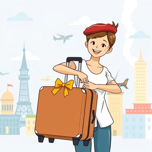 一位開心人士收到信用卡首刷禮時尚行李箱，周圍環繞旅行圖標與城市景觀