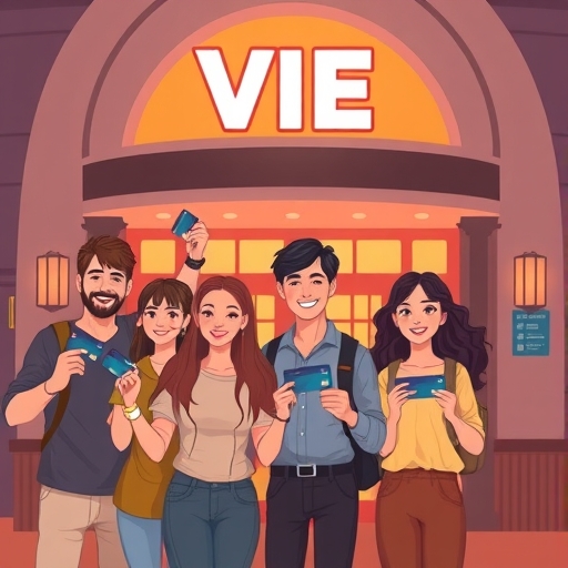 Illustration of diverse moviegoers happily holding dbs bank credit cards in front of a stylized vie show cinema entrance bathed in warm evening light with a soft glow effect