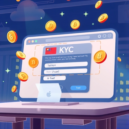 Illustrative scene of a Taiwanese user completing KYC verification on a modern digital platform with virtual currency symbols floating around