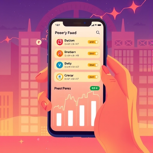 Warm vibrant illustration showing a user interacting with a mobile app displaying peer-to-peer trading options with a cityscape background