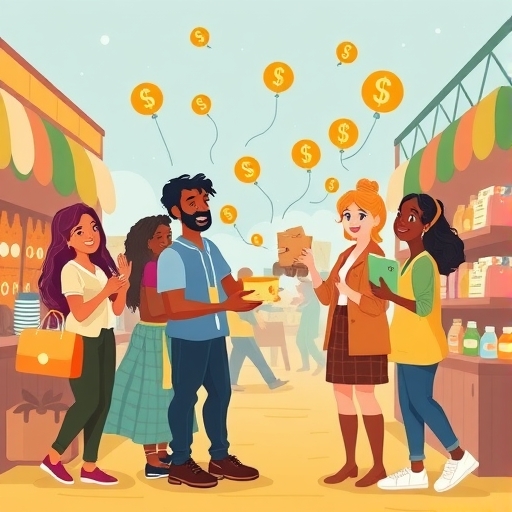 多元人群在熱鬧市場中快樂兌換忠誠點數，換取咖啡、旅行和購物獎勵的奇幻插圖