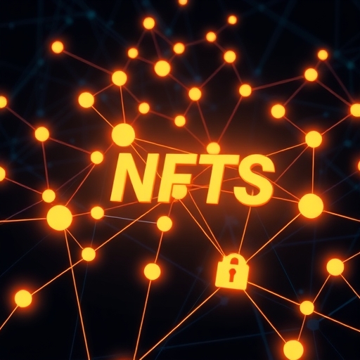 a blockchain network with glowing nodes and interconnected lines symbolizing the underlying technology of nfts with a focus on transparency and security presented in a clean illustration style
