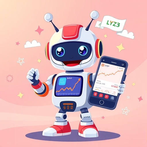 可愛卡通機器人手持股票圖表與元大投資先生APP智慧手機的插圖，周圍環繞歡樂市場數據圖形