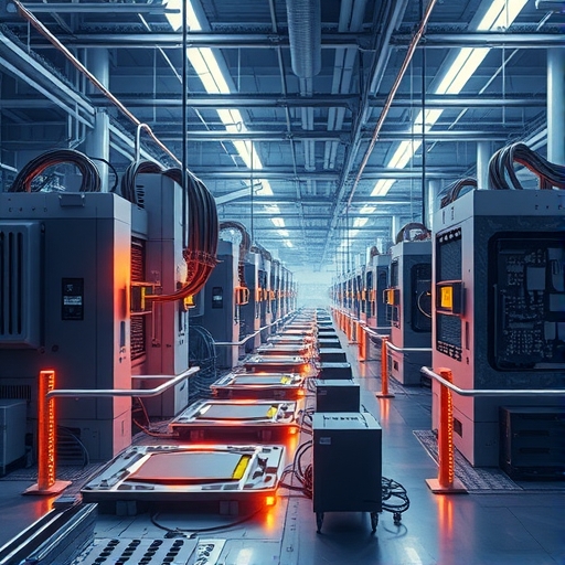 高科技工廠地板詳細插圖,展示先進電腦組件的精密組裝,機械發出溫暖光芒,營造專注氛圍