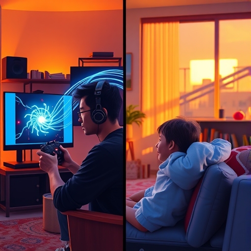 a digital illustration of a split screen showing a gamer intensely playing on a high speed fiber optic connection on one side and a family relaxed watching a streaming service on the other side both scenes bathed in warm inviting light
