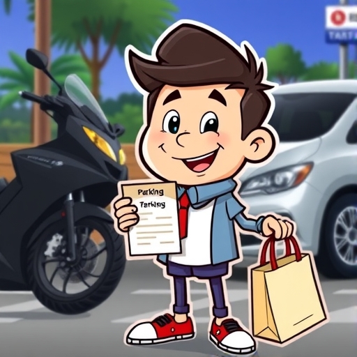 a friendly cartoon character holding a parking ticket with a satisfied smile standing near a motorcycle and a car with a shopping bag in hand