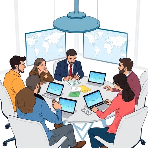 a group of diverse individuals gathered around a table examining digital assets on screens discussing investment strategies and future trends in a welcoming and collaborative illustration style
