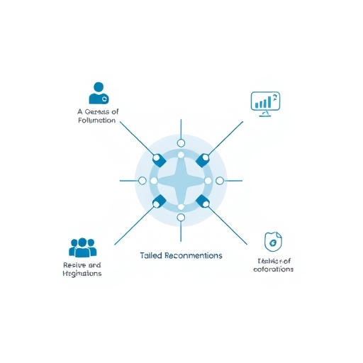 a minimalist diagram illustrating the flow of data from users to an AI core that generates tailored recommendations with subtle futuristic accents