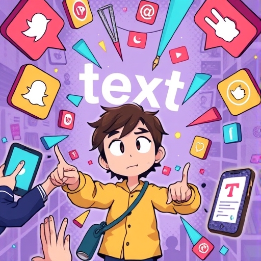 活潑插圖，角色試圖閱讀空中浮動的隱形文字，置身動態社群媒體饋送場景，生動表達角色設計