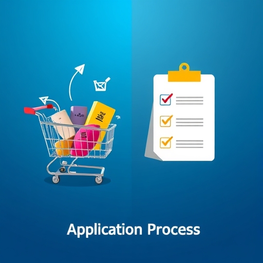 a split image showing one side with a shopping cart and arrows pointing to different product categories and the other side with a checklist and a digital interface symbolizing an application process