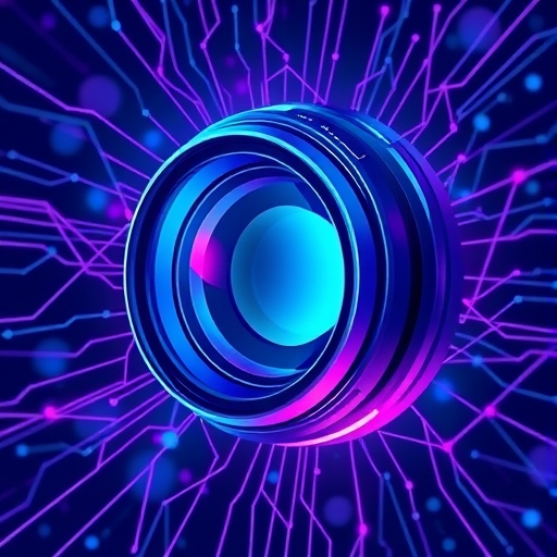 a stylized illustration depicting a dynamic blend of optical lenses and AI neural networks in a vibrant blue and purple color scheme with sharp geometric shapes and subtle light trails