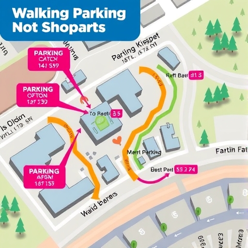a stylized map showing various parking options around a popular shopping landmark with walking paths highlighted in a colorful and inviting way