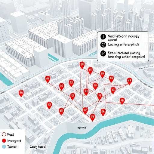 a stylized overhead view of a taiwanese city map highlighting different neighborhoods with varying internet infrastructure symbols indicating the complex web of local network coverage and potential speed differences in an artistic illustrative style