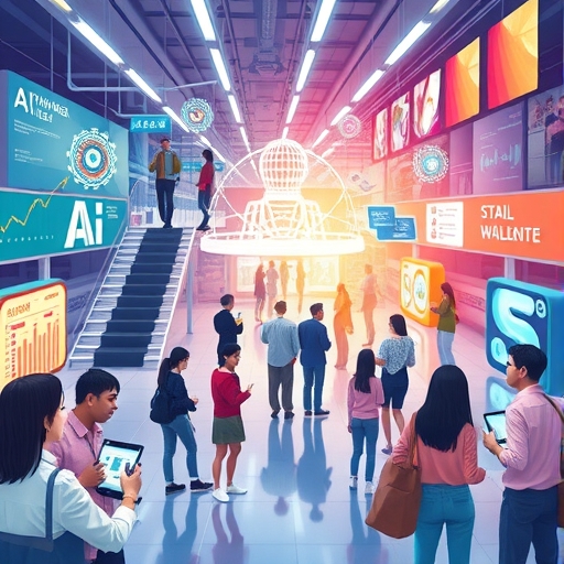 熱鬧科技市場活力插圖,多樣人群互動全息顯示與未來裝置,象徵AI生態成長,充滿明亮樂觀情調