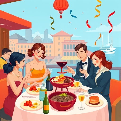 時尚食客在漢來海港享用豪華自助餐,伴隨信用卡圖示與慶祝彩屑的活力插圖