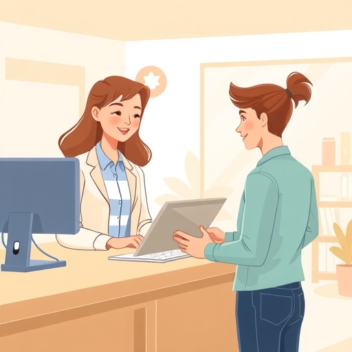 銀行櫃員協助年輕投資人進行元大證券線上開戶的溫暖插圖，明亮現代辦公室環境