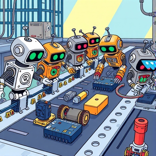 a whimsical illustration of a diverse group of cartoon robots assembling complex electronic components on a conveyor belt with bright primary colors and a sense of industrious energy
