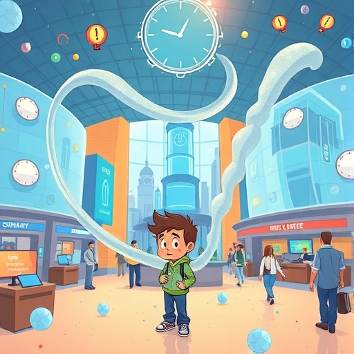 奇幻插圖，隱形氣流環繞困惑卡通人物，在熱鬧股市地板上穿梭，伴隨透明公司建築