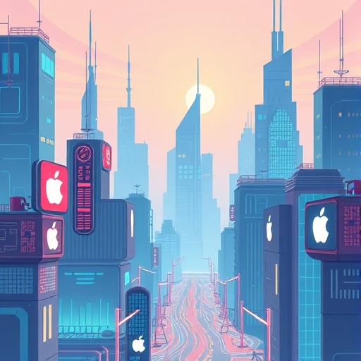 an illustration of a futuristic cityscape with glowing Apple devices and circuit board patterns integrated into buildings with a soft pastel color palette and gentle lighting