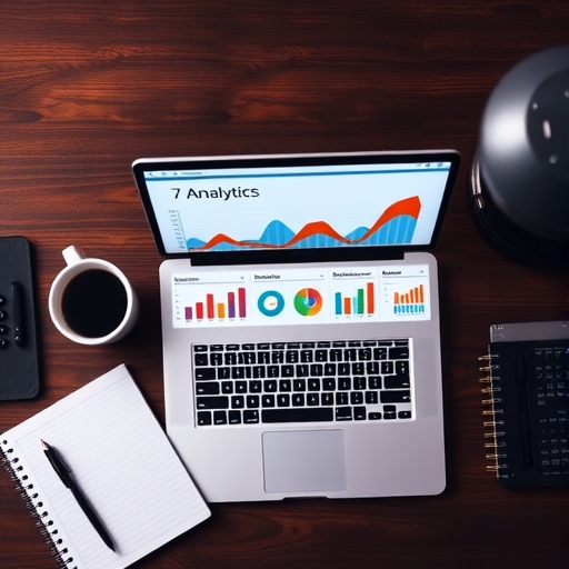 an overhead view of a desk with a laptop displaying website analytics colorful charts and graphs alongside a coffee cup and a notebook suggesting data-driven optimization