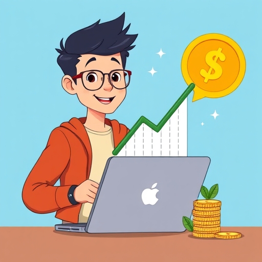 學生自信開啟筆電連上券商 app 的卡通插圖，簡化股票圖表向上上升，旁有小堆硬幣