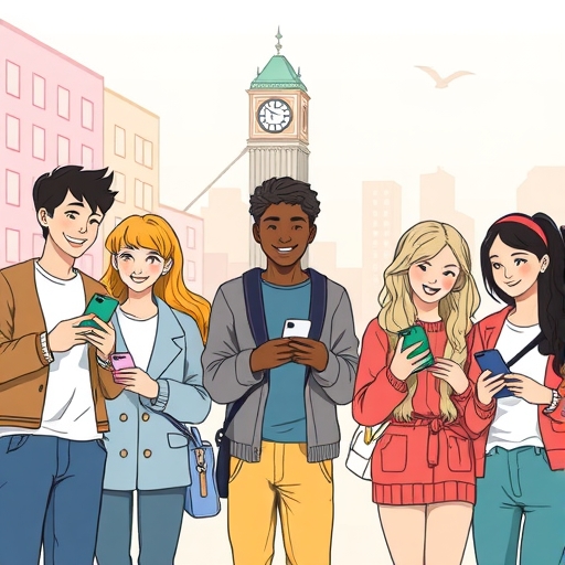 銀角零卡多元年輕族群使用手機管理電子產品與家電分期付款的魅力插圖，背景為友善的城市景觀