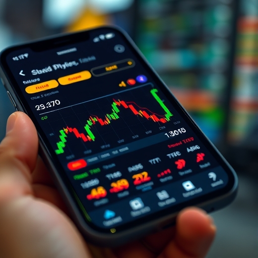 close up illustration of a smartphone displaying stock trading interface with vibrant graphical elements and subtle discount icons in a modern tech environment