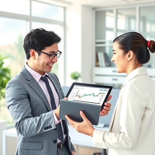 detailed illustration of a friendly financial advisor explaining a complex trading platform interface on a tablet to a curious novice investor with helpful icons and clear visual cues in a bright airy office setting