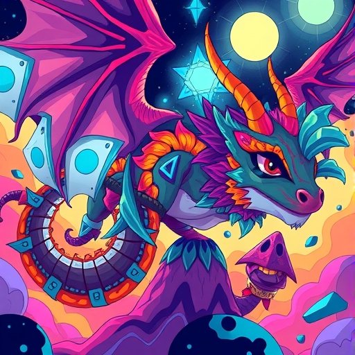 digital art market overflowing with colorful and unique nft artworks depicting mythical creatures and abstract shapes creating a vibrant and energetic atmosphere in an illustration style