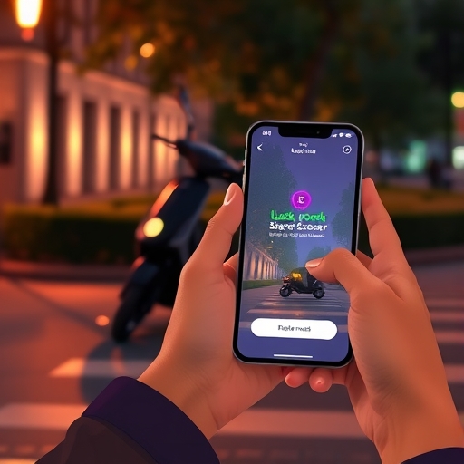 handheld view illustration of a person using a smartphone app to unlock a shared scooter with subtle glowing highlights and a friendly interface design warm ambient light